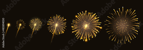 Fireworks bursting in various shapes. Firework explosion in night. Firecracker rockets bursting in big sparkling star balls