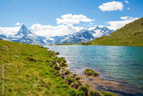 Matterhorn and alpine view from Lake Stellisee, Zermatt Switzerland