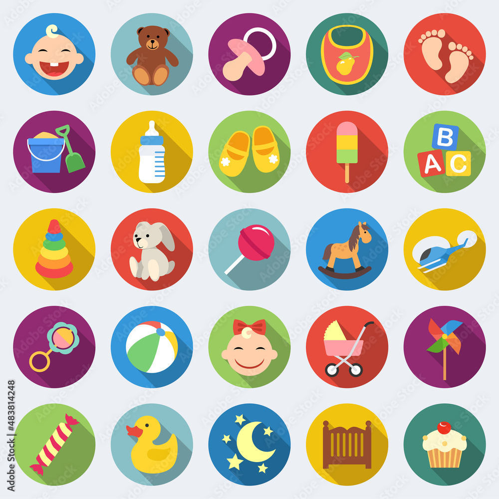 Set of baby icons in flat design with long shadows Set of baby icons in flat design with long shadows