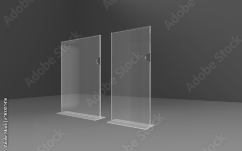 Brochure Stand A5 and DL Perspex acrylic transparent photo realistic 3D render illustration with Grey Background.