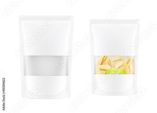 Pouch bag mockup with ziplock and transparent window mockup isolated on white background. Vector illustration. Front view. Can be use for template your design, presentation, promo, ad. EPS10.	