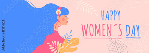 Celebration International Women's Day. Woman with long hair around flowers.