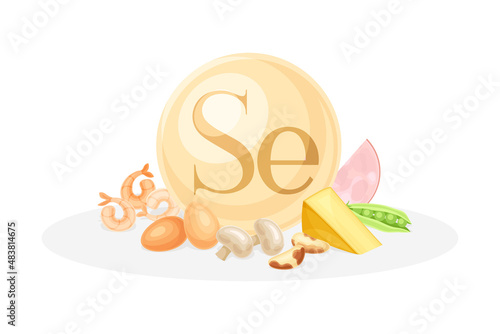 Sources of Selenium mineral. Egg, shrimp, mushroom, cheese, peas healthy nutrition food. Mineral vitamin supplement vector illustration