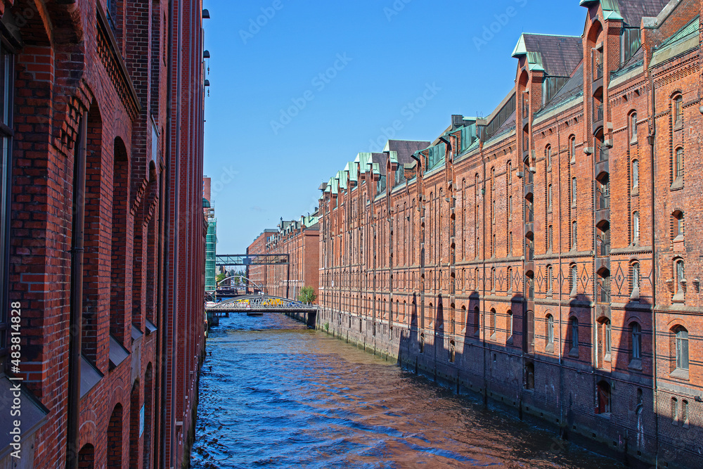 Classic view of famous Speicherstadt warehouse district. Scenic view of red brick building. Hafencity quarter in Hamburg, Germany. High quality photo