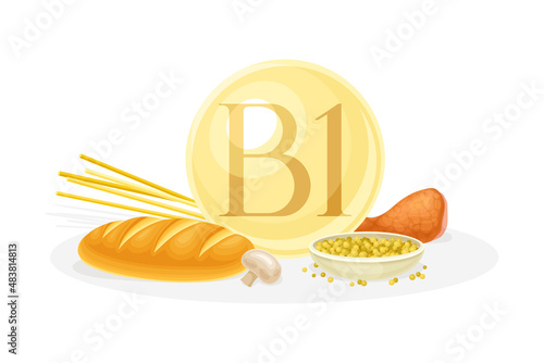 Sources of vitamin B1. Bread, mushroom, nut, chicken healthy nutrition food. Mineral vitamin supplement vector illustration