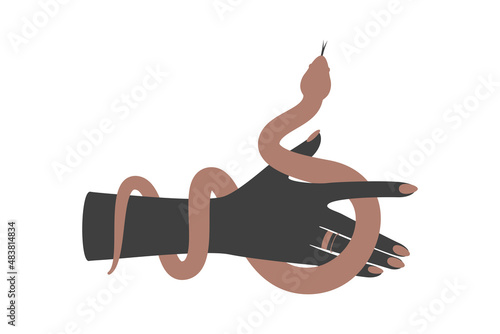 Magic hand and celestial snake. Spiritual elegant symbol for branding name logo. Esoteric mystical silhouette serpent for magic witch craft. Vector illustration