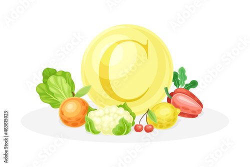 Sources of vitamin C. Turnip, cauliflower, cherry, pepper, lemon healthy nutrition food. Mineral vitamin supplement vector illustration