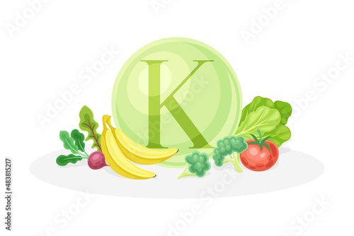Sources of vitamin K. Banana, radish, broccoli, tomato, healthy nutrition food. Mineral vitamin supplement vector illustration