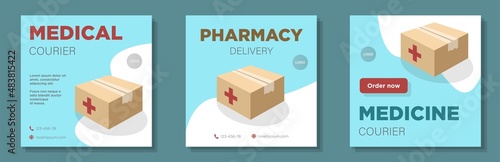 Medical courier social media post, banner set, pharmacy delivery advertisement concept, medicine transport service business marketing square ad, abstract print, isolated on background