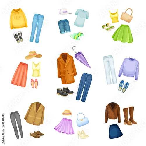 Male and female seasonal casual clothes set. Fashion clothing collection for summer and autumn cartoon vector illustration