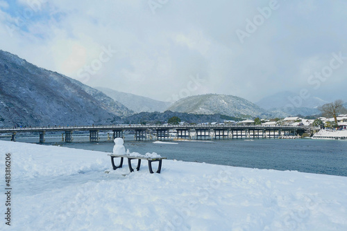 Snow Philosophers at Togetsu-kyo Bridge, Kyoto, Japan