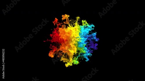 Color burst - colorful vivid smoke powder circle particle explosion with shockwave. Iridescent multicolored rainbow particles in slow motion. Fluid ink alpha matte isolated on black 4k photo