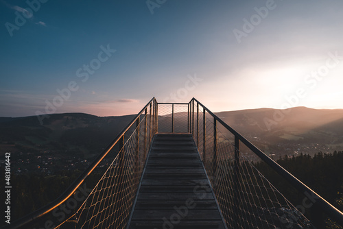 New and modern lookout forest park The Guard Patrol, Czech: Straz, Sunrise on Straznik Hill above Rokytnice nad Jizerou, Giant Mountains National Park