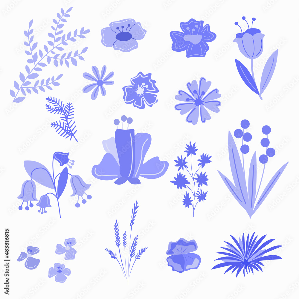A set of flowers and leaves in lilac tones for design.