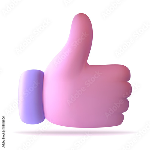 Vector thumbs up icon on white. Realistic thumbs up icon graphic. 3d illustration for web banner, web and mobile, infographics. Vector icon isolated in purple and pink color. Thumb up like icon. 