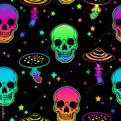 Seamless psychedelic pattern of bright poisonous mushrooms and human skulls