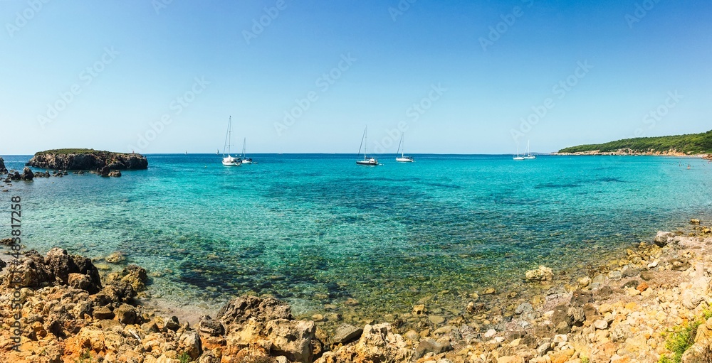 Panoramic view of Binigaus beach, Menorca, Balearic Islands, Spain.