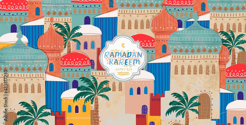 Ramadan Kareem! Eid Mubarak! Islamic holiday vector illustrations, Arabic architecture, mosque, pattern and background for a poster, banner or card