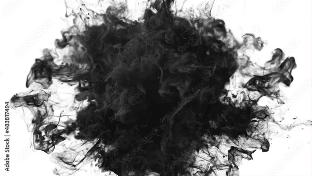 Color burst - black smoke powder circle particle explosion with shockwave. Particles in slow motion. Fluid ink alpha matte isolated on white 4k