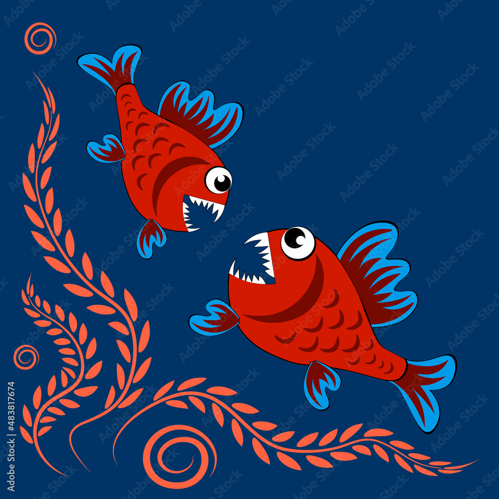 Fototapeta premium predatory evil piranha fish. Fabulous underwater world. Styling, cartoon style