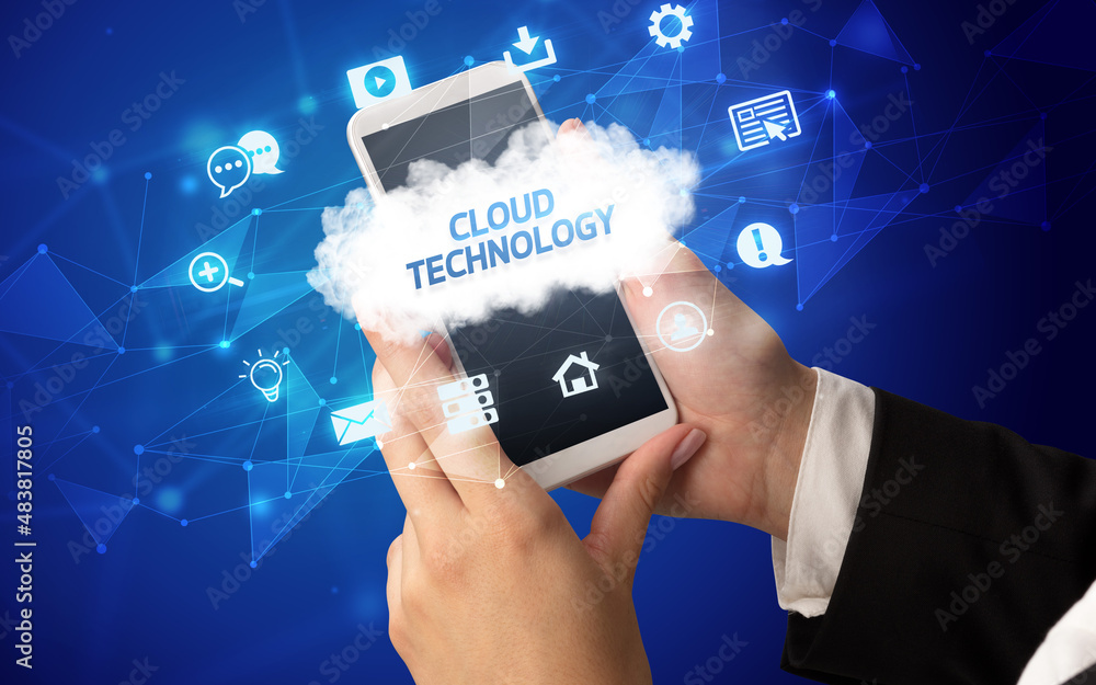 Hand using smartphone with cloud technology concept Hand using smartphone with cloud technology concept