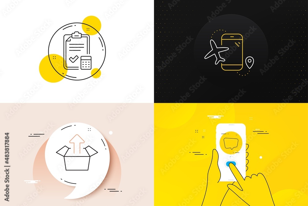 Minimal set of Send box, Chat message and Flights application line icons. Phone screen, Quote banners. Accounting checklist icons. For web development. Vector Minimal set of Send box, Chat message and Flights application line icons. Phone screen, Quote banners. Accounting checklist icons. For web development. Vector