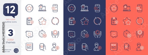 Set of Person idea, Fake news and Approved app line icons. Include Privacy policy, Smile face, Smartphone notification icons. Employee hand, Loyalty star, Star web elements. Work home. Vector