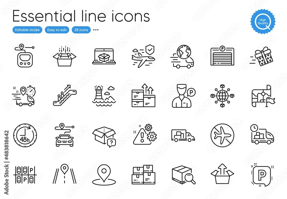Valet servant, Present delivery and Lighthouse line icons. Collection of Packing boxes, Destination flag, 48 hours icons. Flight insurance, Flight mode, Send box web elements. Metro. Vector
