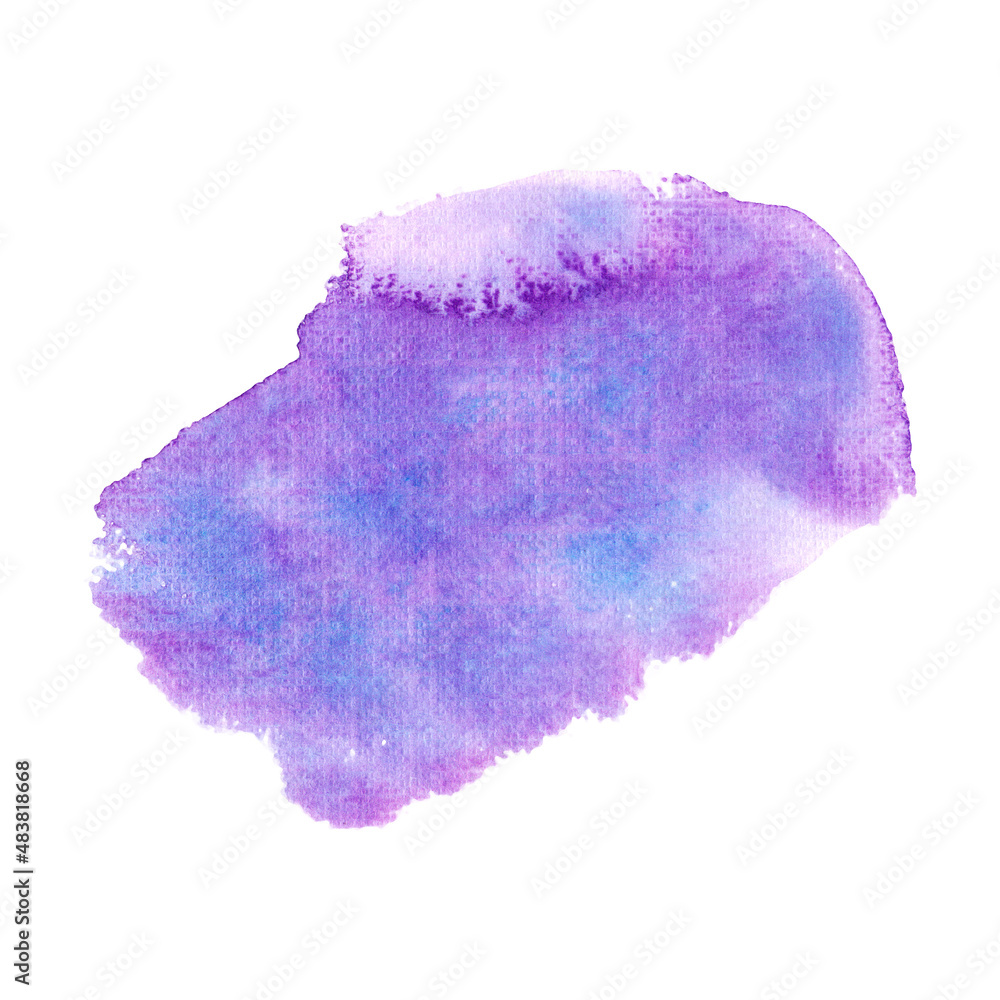 Abstract hand drawn violet and blue watercolor blot isolated on white background. Textured splash for design. Abstract hand drawn violet and blue watercolor blot isolated on white background. Textured splash for design.
