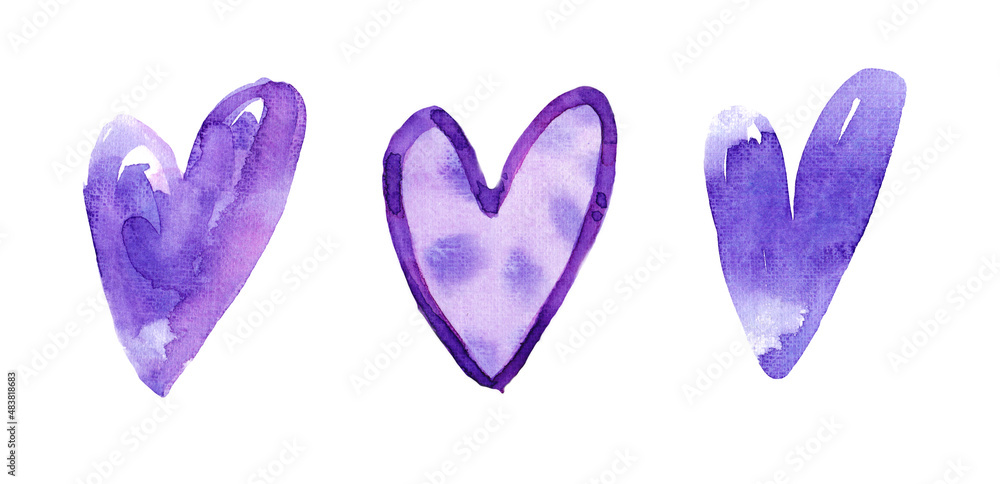 Set of hand-painted watercolor purple heart isolated on white background.