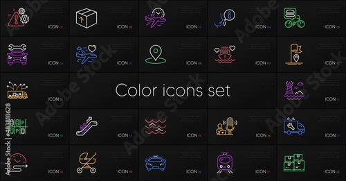 Set of Package, Flight time and Escalator line icons. Include Wholesale inventory, Truck delivery, Flag icons. Car, Honeymoon travel, Train web elements. Food delivery, Warning, Pin. Vector