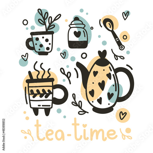 Hand drawn teapot and cup collection isolated on white background. Vector illustration doodle tea time icons for cafe and restaurant menu design © Natasha Klarashi