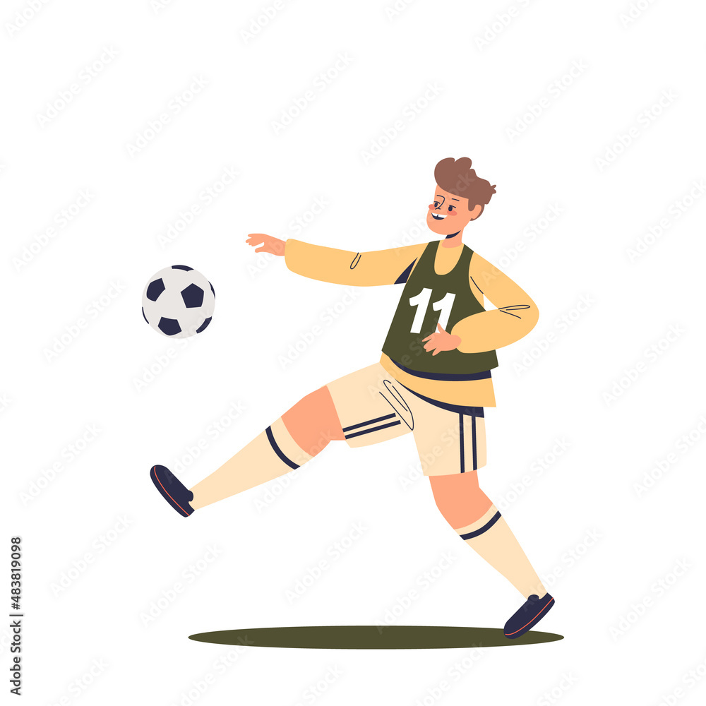 Boy in sportswear playing football. Kid practicing professional athlete activities, team game