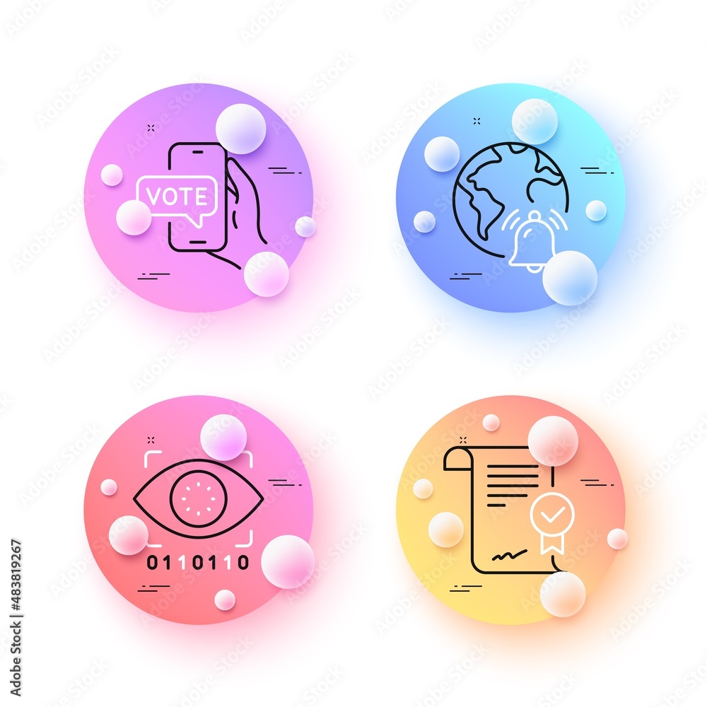 Artificial intelligence, Internet notification and Online voting minimal line icons. 3d spheres or balls buttons. Approved agreement icons. For web, application, printing. Vector Artificial intelligence, Internet notification and Online voting minimal line icons. 3d spheres or balls buttons. Approved agreement icons. For web, application, printing. Vector