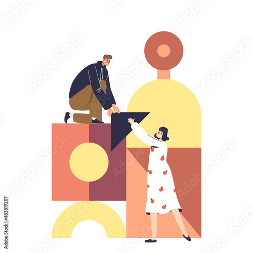 Team build from abstract shapes. Creative man and woman cooperating while work together