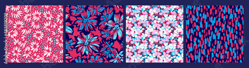 Seamless patterns made of different meadow flowers. Abstract floral set with all over tiny daisies, sketch large meadow flowers and geometric dot pattern. Botanical endless prints collection.