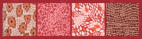 Trendy abstract animal skin backgrounds. Seamless spotted patterns. Brush strokes, dots, spots, ovals. Giraffe, leopard, crocodile fur skin print texture.