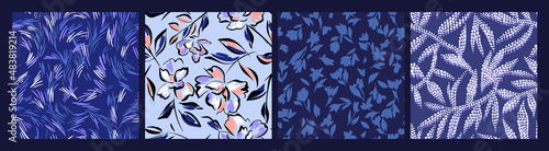 Set of simple floral seamless patterns. Daisy flowers collection in blue color. Sketch flat drawing. Botanical collage in modern trendy style. © Galakam