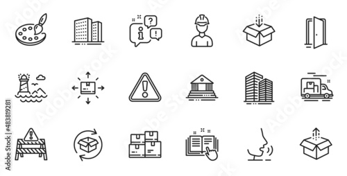 Outline set of Send box, Technical documentation and Open door line icons for web application. Talk, information, delivery truck outline icon. Vector