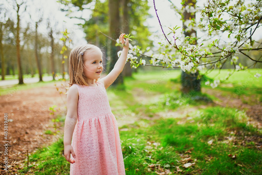 three year old girl in pink dress enjoying sunny spring day in Park of Sceaux near Paris, France three year old girl in pink dress enjoying sunny spring day in Park of Sceaux near Paris, France