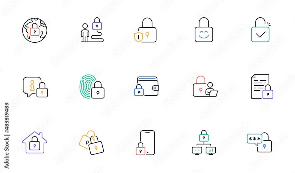 Locks line icons. Fingerprint protection, Unlock code and Lock password icons. Open padlock, Locked document and Network lock. Online wallet, Fingerprint access and info protection. Vector Locks line icons. Fingerprint protection, Unlock code and Lock password icons. Open padlock, Locked document and Network lock. Online wallet, Fingerprint access and info protection. Vector