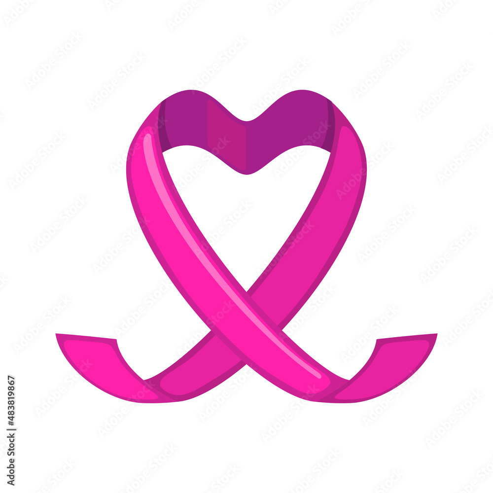Pink ribbon icon in shape of heart in flat style isolated on white background. Pink ribbon icon in shape of heart in flat style isolated on white background.