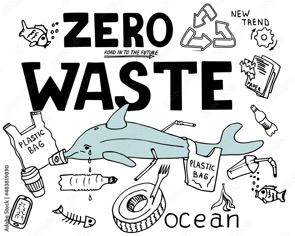 Zero waste concept. Hand drawn doodle sketch vector illustration isolated on white background. Ecological lifestyle and sustainable developments icons. Waste less concept illustration.