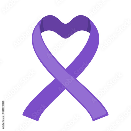 Purple ribbon icon in shape of heart in flat style isolated on white background.