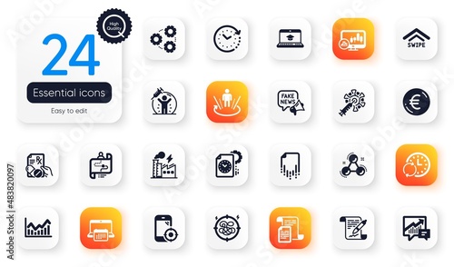 Set of Science flat icons. Seo phone, Coronavirus vaccine and Website education elements for web application. Euro money, Candlestick chart, Infochart icons. Project deadline, Documents. Vector