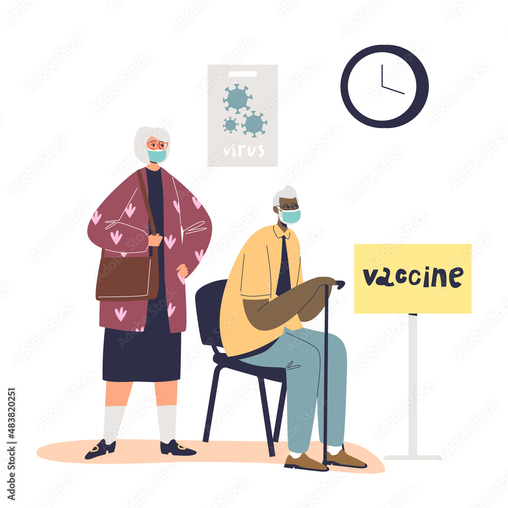 Senior man and woman wait for vaccine from coronavirus in clinic. Old male and female get vaccinated Senior man and woman wait for vaccine from coronavirus in clinic. Old male and female get vaccinated