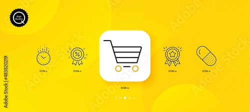 Discount, Time and Loyalty award minimal line icons. Yellow abstract background. Capsule pill, Market sale icons. For web, application, printing. Sale shopping, Clock, Bonus medal. Vector