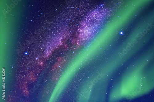 Night starry sky. Milky Way and Northern lights. Green aurora borealis