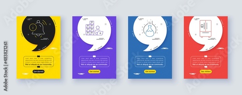 Set of Chemistry experiment, Inventory and Information bell line icons. Poster offer frame with quote, comma. Include Refrigerator icons. For web, application. Vector