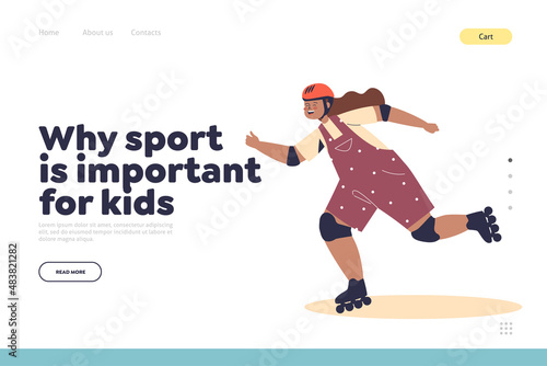 Sport important for kids concept of landing page with girl in helmet rolling on roller skates